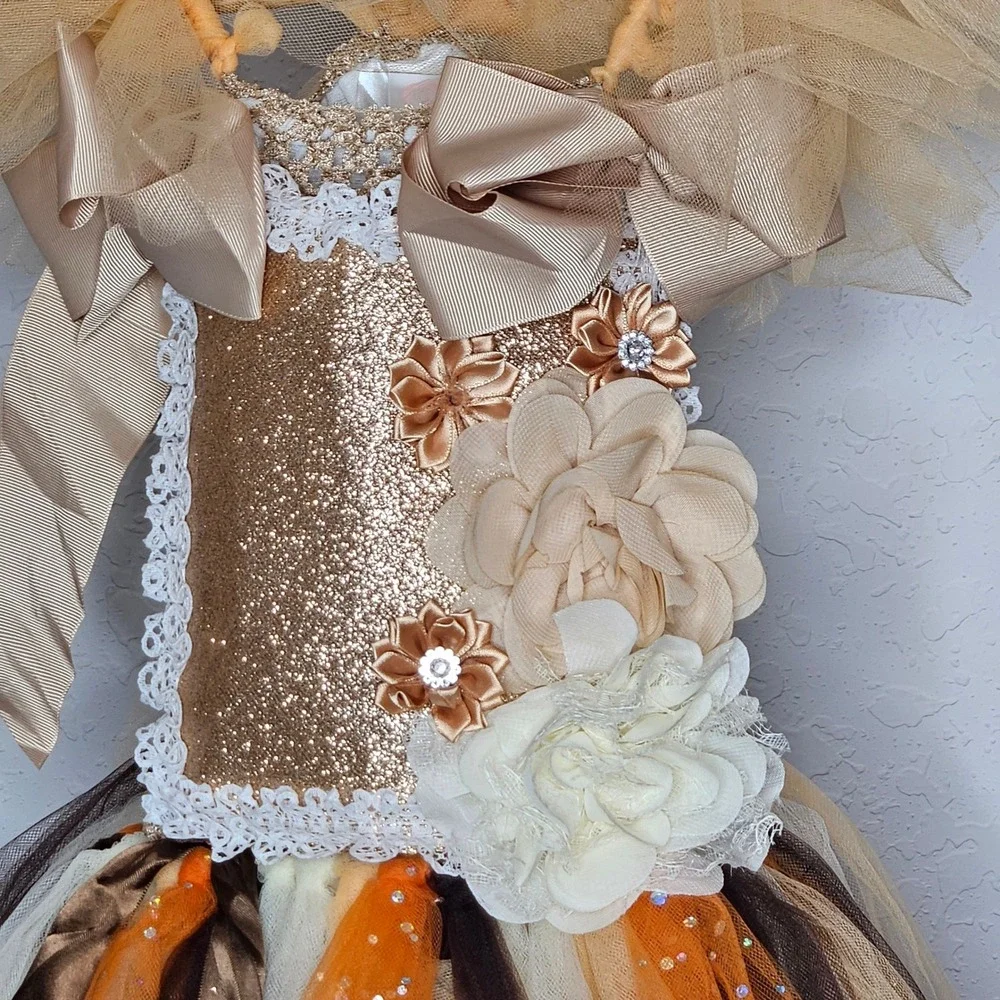 Mia Belle Girls Gold Orange Tulle Tutu Pageant Dress Size 5T Glitter Floral Bows